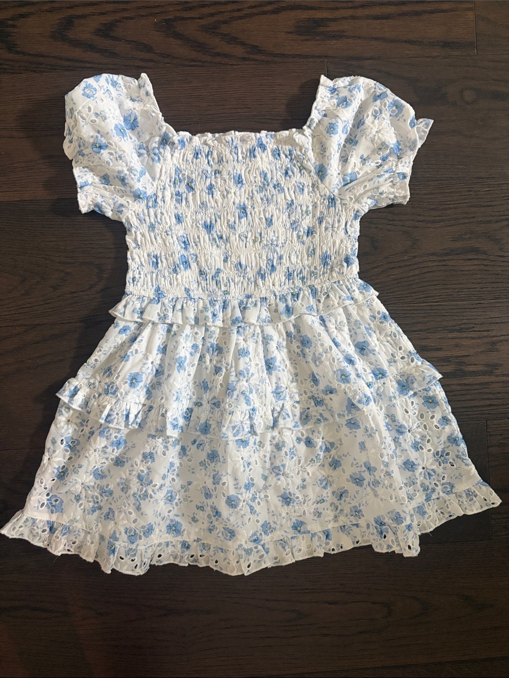Hannah Banana White Dress with Blue Floral Eyelet Pattern, size 7 kids